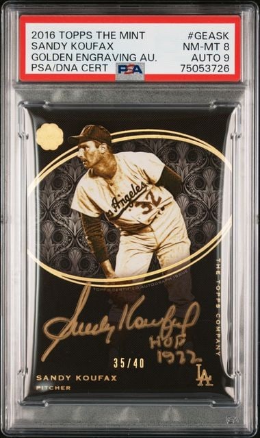 Sandy Koufax 2016 Topps The Mint Golden Engraving PSA 9 Auto 35/40: Sandy Koufax 2016 Topps The Mint Golden Engraving PSA 9 Auto 35/40 Celebrate the legacy of Sandy Koufax with this 2016 Topps The Mint Golden Engraving card. This exquisite collectible features a beaut
