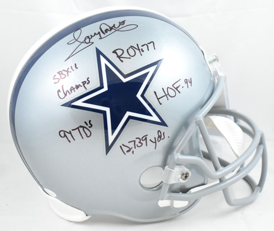 Dallas Cowboys Full Size Helmet Signed by Tony Dorsett with Five Stats JSA Authenticated: Dallas Cowboys Full Size Helmet Signed by Tony Dorsett with Five Stats JSA Authenticated This is a pre-owned Dallas Cowboys full-size helmet autographed by Tony Dorsett, featuring five inscribed stati