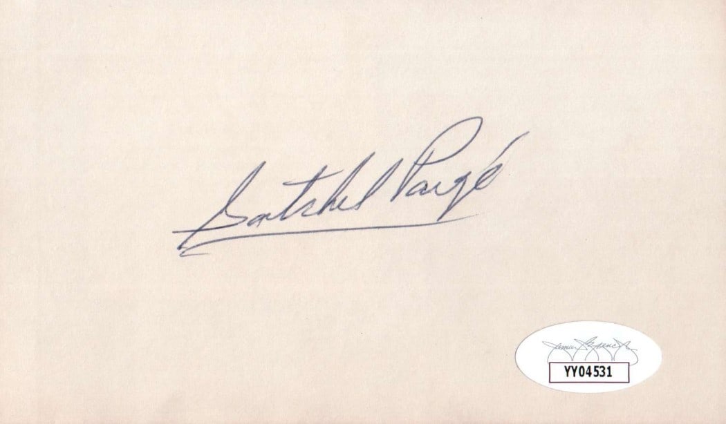 Satchel Paige Hand Signed 3x5 Index Card Authenticated by JSA (1 of 2)
