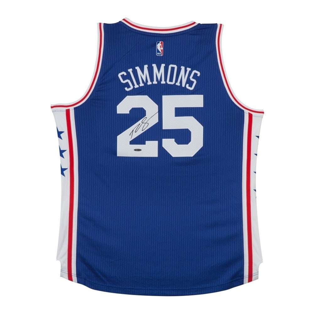 Philadelphia 76ers Blue Away Jersey Signed by Ben Simmons Upper Deck Authenticated: Philadelphia 76ers Blue Away Jersey Signed by Ben Simmons Upper Deck Authenticated This is a blue Philadelphia 76ers away jersey autographed by Ben Simmons. The signature is authenticated by Upper Dec