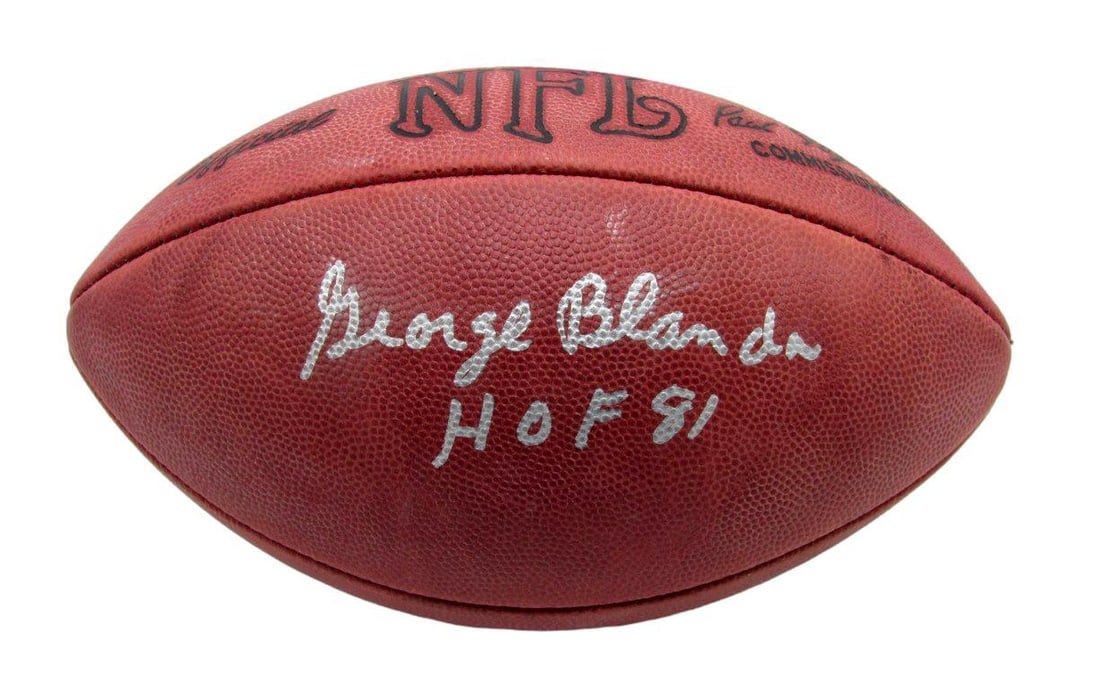 George Blanda HOF Signed Inscribed NFL Football Raiders PSA/DNA: George Blanda HOF Signed Inscribed NFL Football Raiders PSA/DNA Offered is an original George Blanda Hall of Fame signed and inscribed Wilson Leather Official NFL Game Football featuring the inscripti