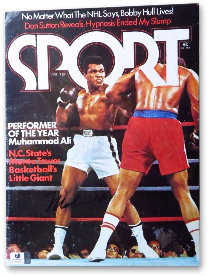 Muhammad Ali February 1975 Sport Magazine Signed Authenticated by GAI: Muhammad Ali February 1975 Sport Magazine Signed Authenticated by GAI This is an original February 1975 issue of a sports magazine featuring Muhammad Ali, a legendary figure in boxing. The magazine is