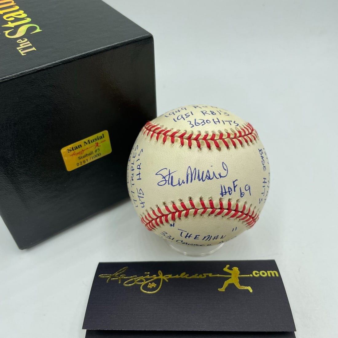 Stan Musial Signed Career Stat Baseball with RJ COA: Stan Musial Signed Career Stat Baseball with RJ COA This is a stunning Stan Musial signed and heavily inscribed official National League baseball, featuring career statistics. Accompanied by a Reggie 