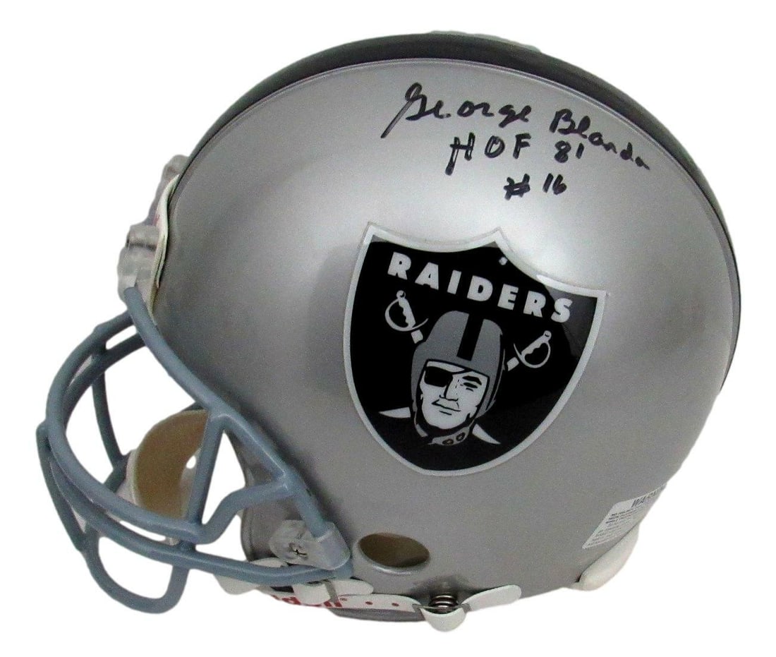 George Blanda Signed Raiders Full Size Helmet HOF 81 JSA Authentic: George Blanda Signed Raiders Full Size Helmet HOF 81 JSA Authentic This is a George Blanda signed full-size silver Riddell authentic football helmet representing the Oakland Raiders. The helmet featur