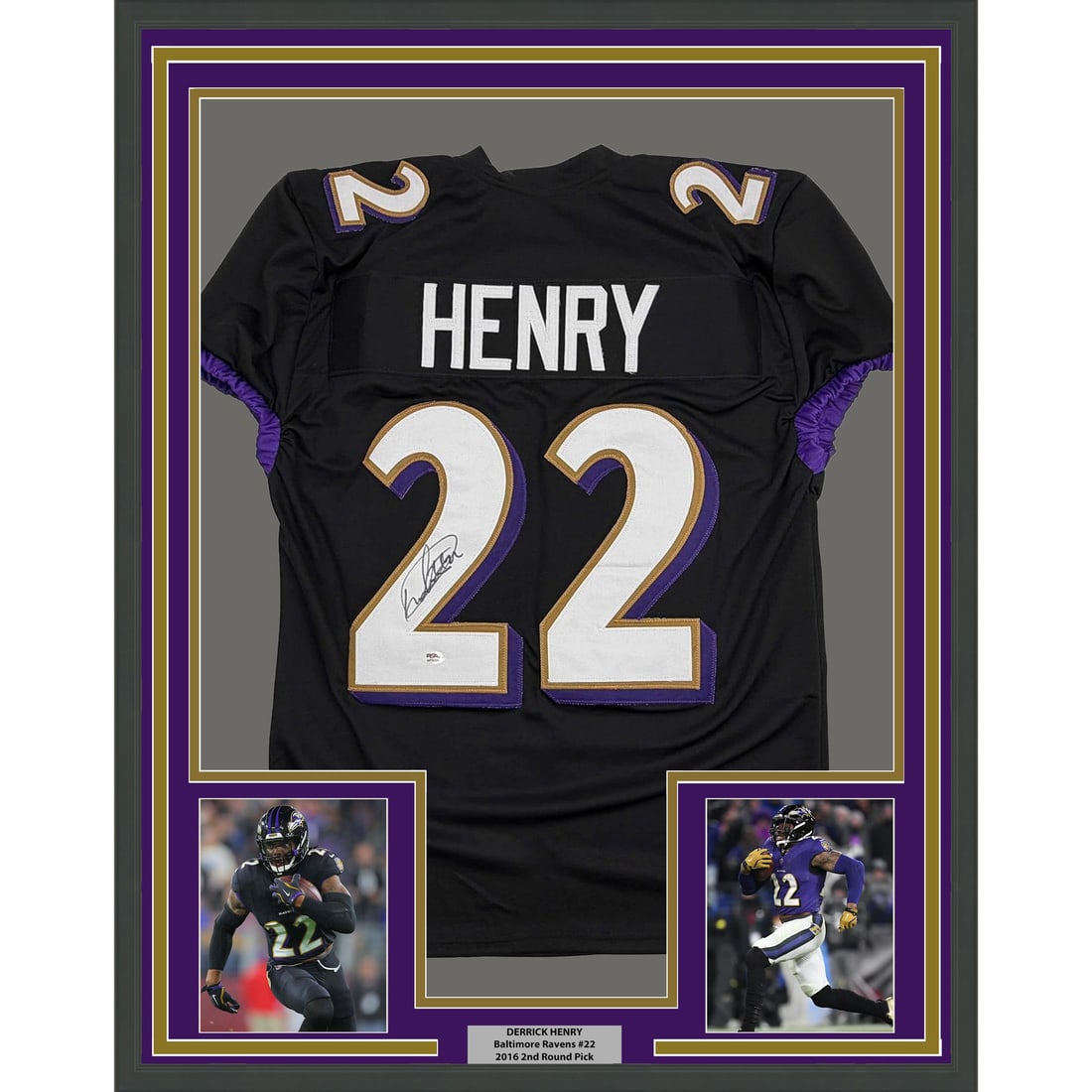 Derrick Henry Signed Baltimore Ravens Jersey Framed 35x39 JSA Authenticated: Derrick Henry Signed Baltimore Ravens Jersey Framed 35x39 JSA Authenticated This framed display showcases a Derrick Henry Baltimore Ravens black jersey, autographed and authenticated by James Spence A