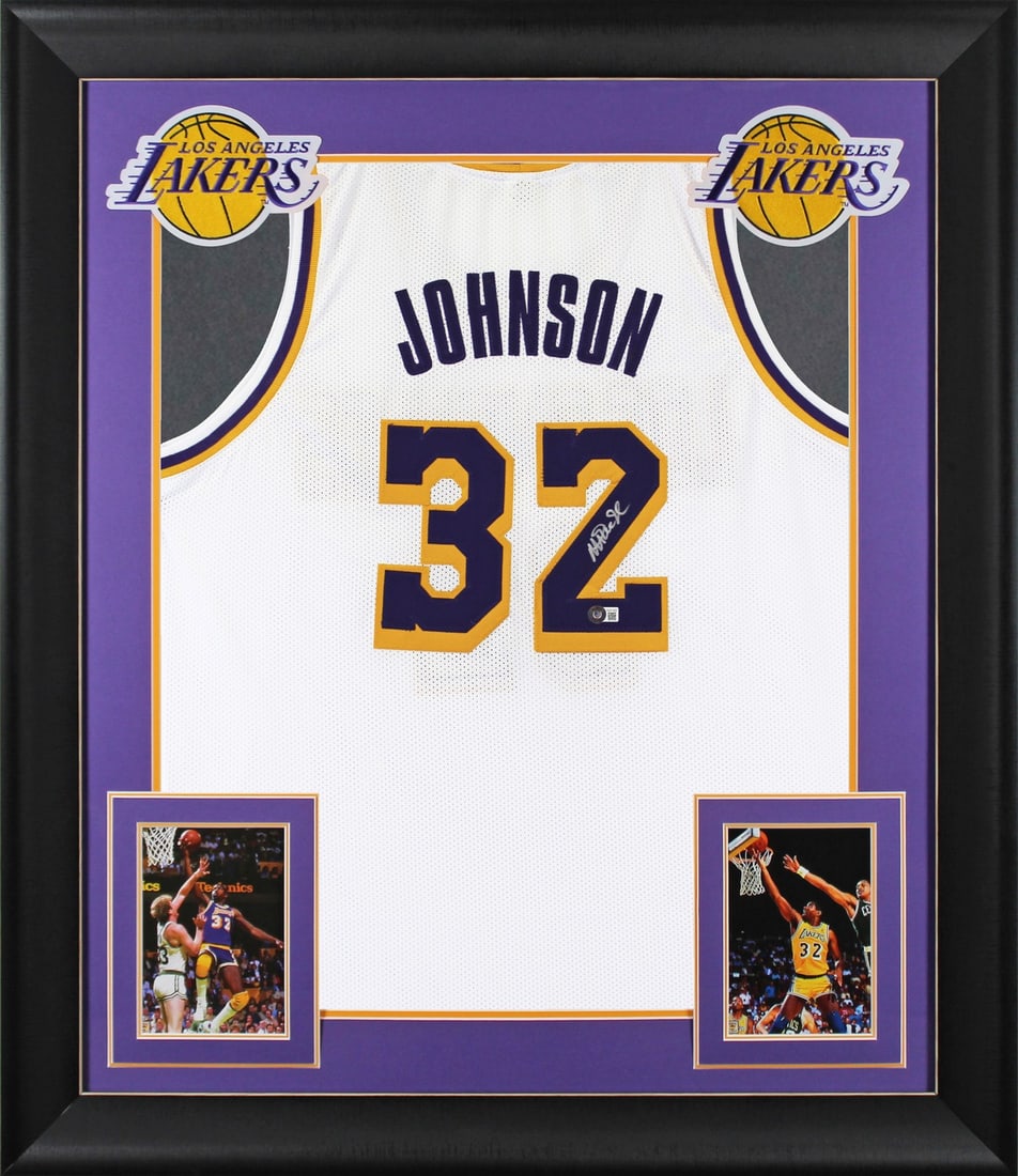 Magic Johnson signed framed Lakers white jersey Beckett witnessed: Magic Johnson signed framed Lakers white jersey Beckett witnessed This autographed white pro style framed jersey has been personally signed by Magic Johnson of the Los Angeles Lakers. It is an origina
