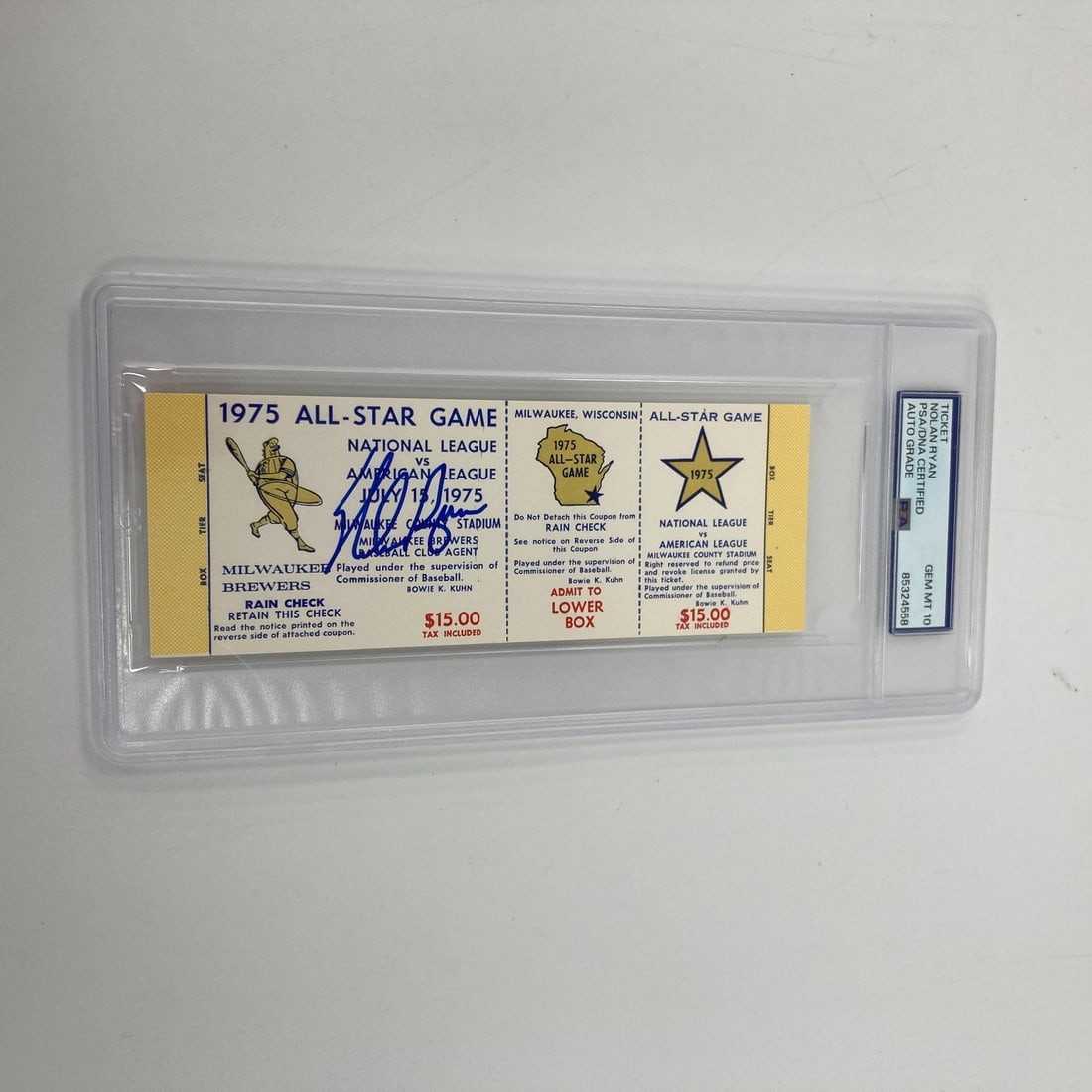 Nolan Ryan Signed 1975 All Star Game Ticket PSA GEM MINT 10: Nolan Ryan Signed 1975 All Star Game Ticket PSA GEM MINT 10 This is a full ticket from the 1975 All Star Game, signed by legendary baseball player Nolan Ryan. The ticket has been authenticated by Prof
