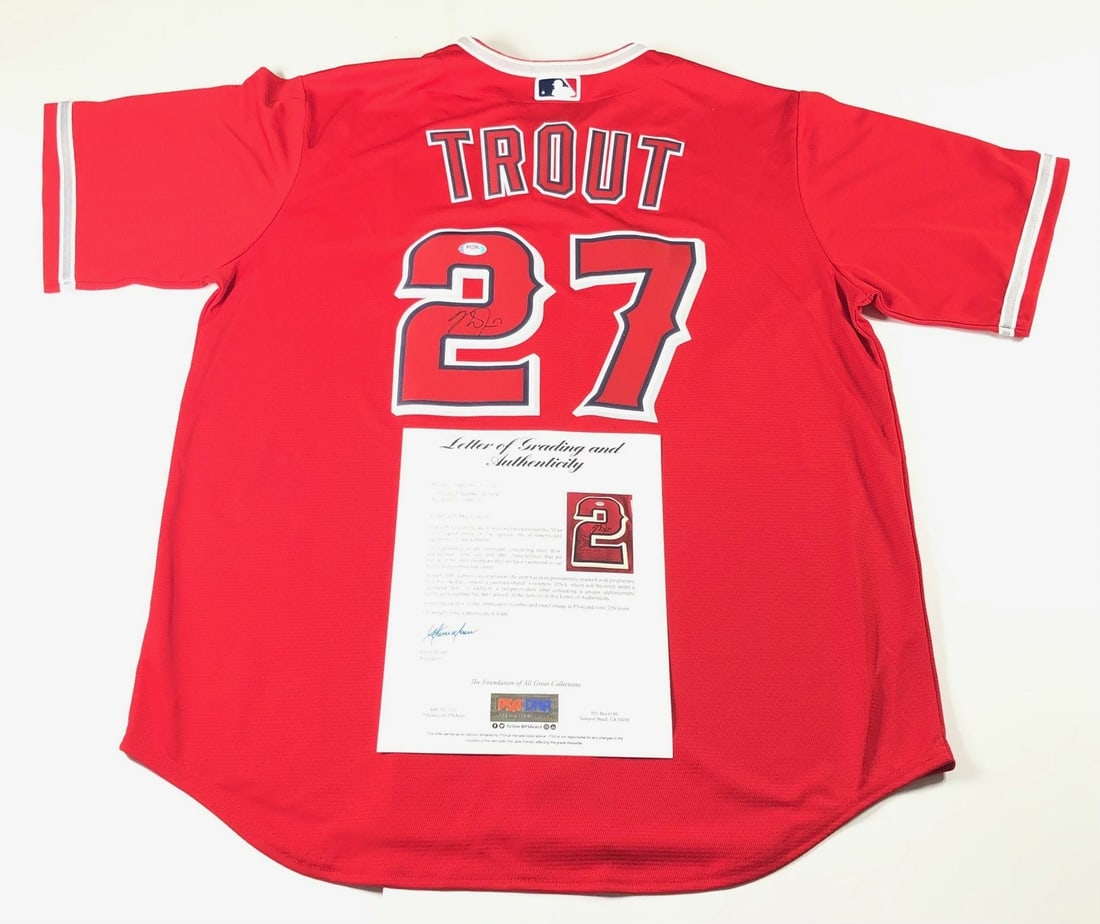 Mike Trout autographed Los Angeles Angels stitched jersey PSA DNA grade 10 LOA: Mike Trout autographed Los Angeles Angels stitched jersey PSA DNA grade 10 LOA This is a stitched Los Angeles Angels jersey autographed by Mike Trout. The signature has been authenticated and graded a