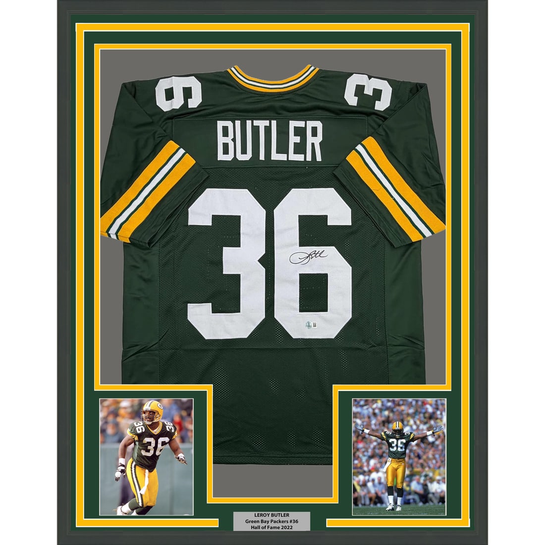 Leroy Butler Signed Green Bay Packers Jersey Framed 35x39 Beckett Authenticated: Leroy Butler Signed Green Bay Packers Jersey Framed 35x39 Beckett Authenticated This professionally framed and matted Green Bay Packers jersey is autographed by Leroy Butler and authenticated by Becke