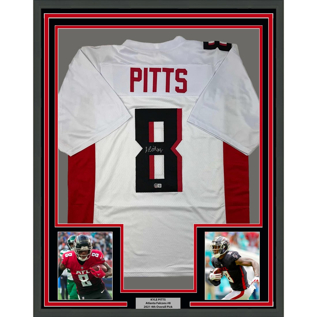 Framed Kyle Pitts Signed Atlanta Falcons Jersey Beckett BAS COA 35x39: Framed Kyle Pitts Signed Atlanta Falcons Jersey Beckett BAS COA 35x39 This framed Atlanta Falcons white jersey features the authentic signature of NFL player Kyle Pitts. The jersey is professionally f