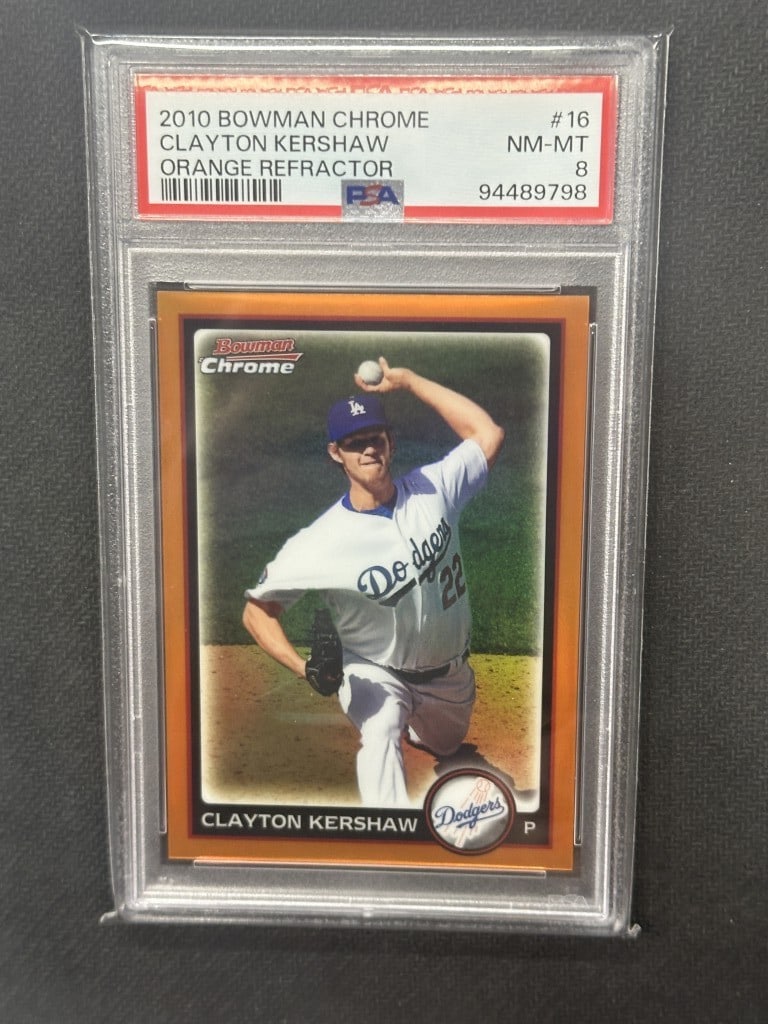 Clayton Kershaw 2010 Bowman Chrome Orange Refractor PSA 8 #16: Clayton Kershaw 2010 Bowman Chrome Orange Refractor PSA 8 #16 This is a Clayton Kershaw 2010 Bowman Chrome Orange Refractor baseball card, numbered 16/25. Graded by Professional Sports Authenticator (