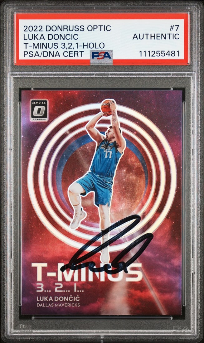 Luka Doncic Autographed 2022 Donruss Optic T-Minus Holo #7 Card PSA Authenticated (1 of 2)