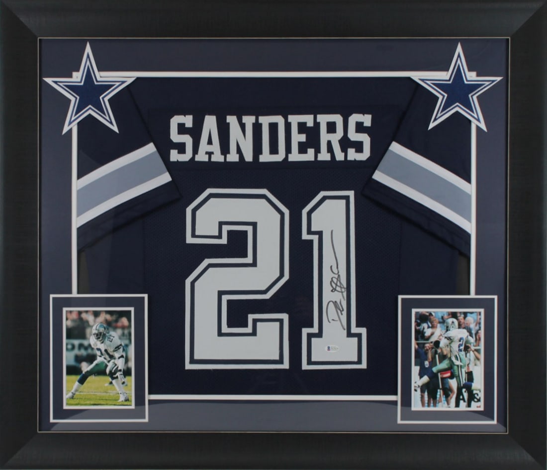 Deion Sanders Signed Dallas Cowboys Framed Jersey BAS Witnessed 32 x 37: Deion Sanders Signed Dallas Cowboys Framed Jersey BAS Witnessed 32 x 37 Celebrate the legacy of Deion Sanders with this authentic signed navy blue pro style framed jersey from the Dallas Cowboys. Pers