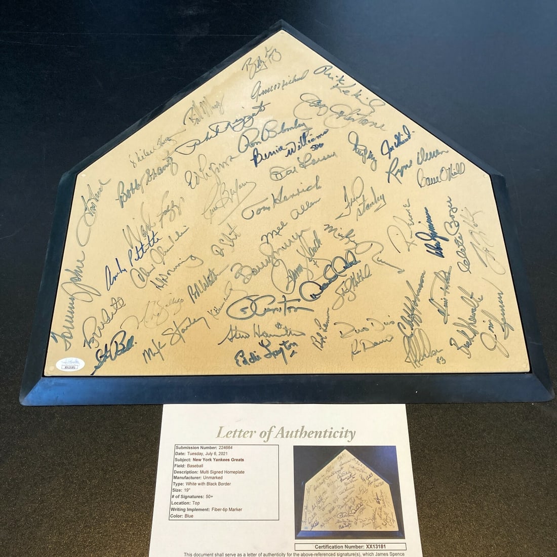 Derek Jeter Yankees Legends Signed Home Plate 50+ Autographs JSA COA: Derek Jeter Yankees Legends Signed Home Plate 50+ Autographs JSA COA This remarkable New York Yankees Legends Signed Home Plate features over 50 signatures from iconic players, including Derek Jeter, 