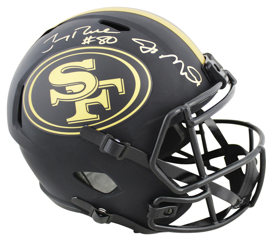 Joe Montana Jerry Rice Signed 49ers Eclipse Helmet Beckett Authenticated: Joe Montana Jerry Rice Signed 49ers Eclipse Helmet Beckett Authenticated This authentic San Francisco 49ers Eclipse full-size speed replica helmet features the signatures of legendary players Joe Mont