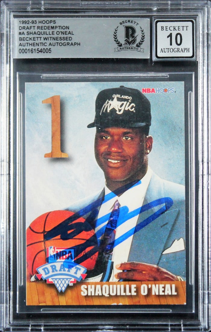 Shaquille O'Neal Signed 1992 Hoops Rookie Card Gem Mint 10 Beckett Authenticated: Shaquille O'Neal Signed 1992 Hoops Rookie Card Gem Mint 10 Beckett Authenticated This is a remarkable Shaquille O'Neal signed 1992 Hoops Draft Redemption #A rookie card, which has been graded as Gem M