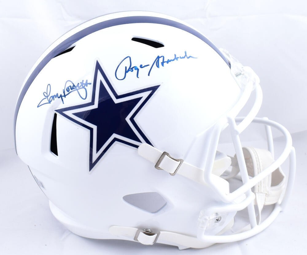 Dallas Cowboys Speed Helmet Signed by Staubach and Dorsett Beckett: Dallas Cowboys Speed Helmet Signed by Staubach and Dorsett Beckett This Dallas Cowboys full-size alternate 2022 Speed helmet is signed by both Roger Staubach and Tony Dorsett. The autographs are authe