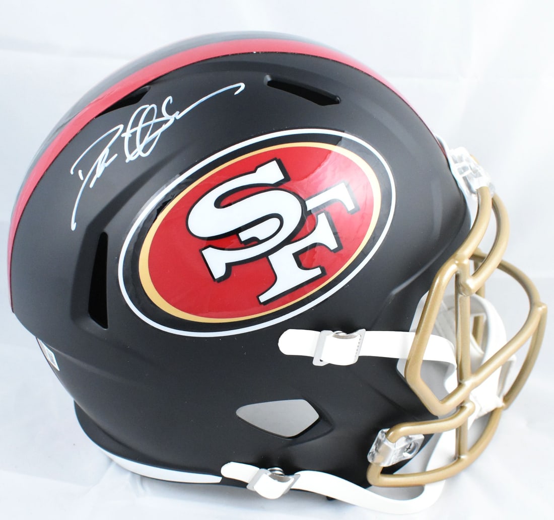 Deion Sanders signed San Francisco 49ers speed helmet Beckett hologram: Deion Sanders signed San Francisco 49ers speed helmet Beckett hologram This is a pre-owned San Francisco 49ers full-size Rivalries 2025 Speed helmet autographed by Deion Sanders. The helmet includes a