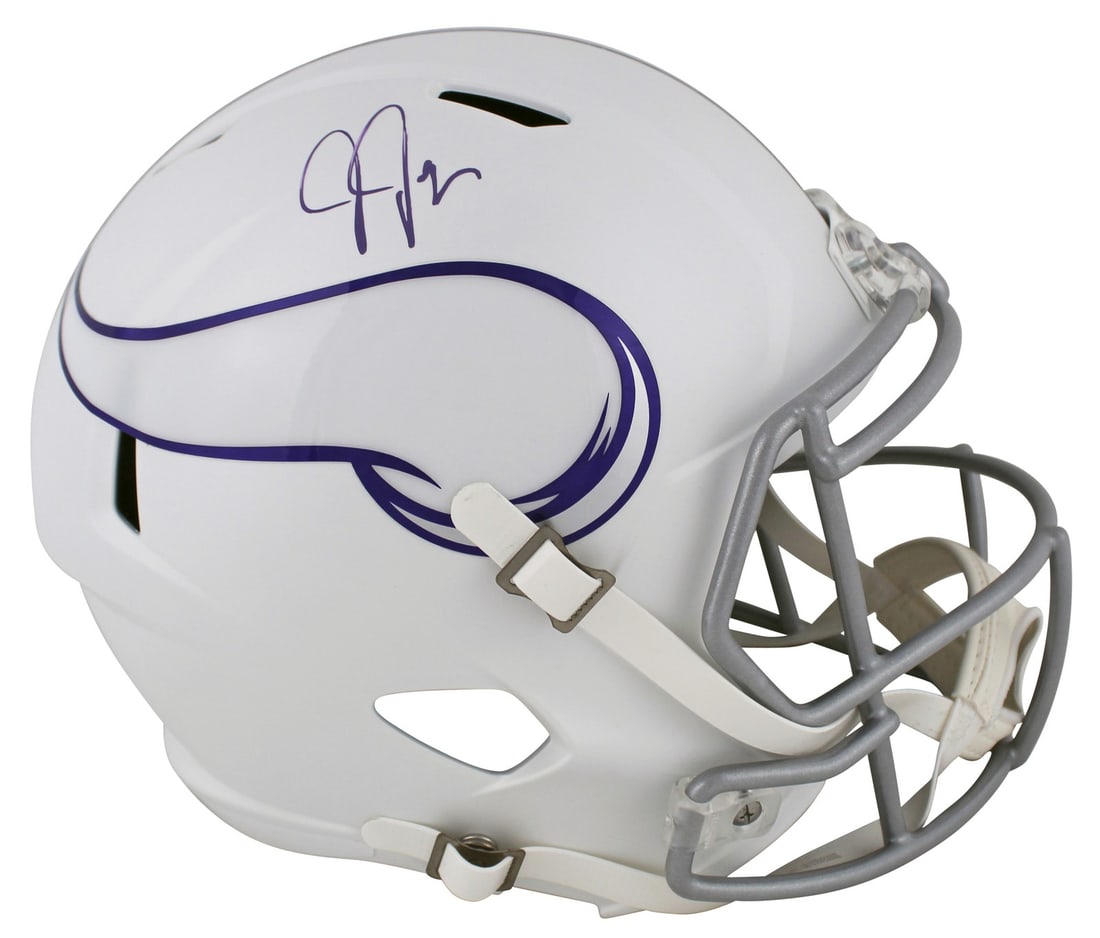Justin Jefferson Signed 2024 Vikings Full Size Speed Helmet BAS Witnessed: Justin Jefferson Signed 2024 Vikings Full Size Speed Helmet BAS Witnessed This 2024 On-Field Alternate Riddell Full Size Speed Replica Helmet is a must-have for any Minnesota Vikings fan. Personally s