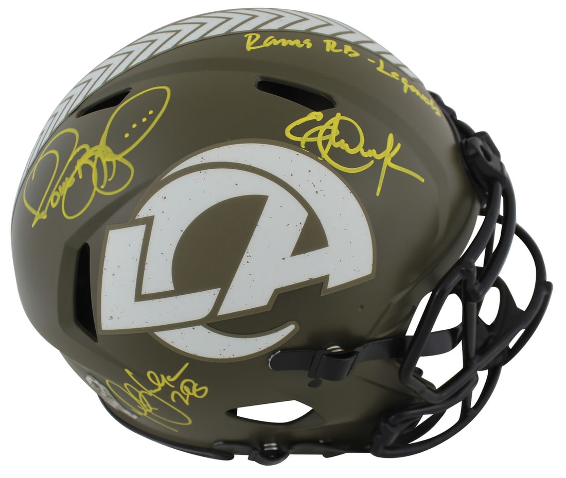 Los Angeles Rams Riddell Speed Replica Helmet Signed by Bettis Dickerson Faulk BAS: Los Angeles Rams Riddell Speed Replica Helmet Signed by Bettis Dickerson Faulk BAS This Los Angeles Rams full-size Riddell Speed Proline alternate Salute to Service replica helmet is personally signed