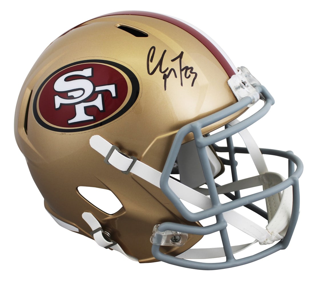 San Francisco 49ers Christian McCaffrey Signed Full Size Speed Helmet Authentic: San Francisco 49ers Christian McCaffrey Signed Full Size Speed Helmet Authentic This authentic full-size Speed Replica helmet, made by Riddell, is a must-have for any San Francisco 49ers fan. Personal