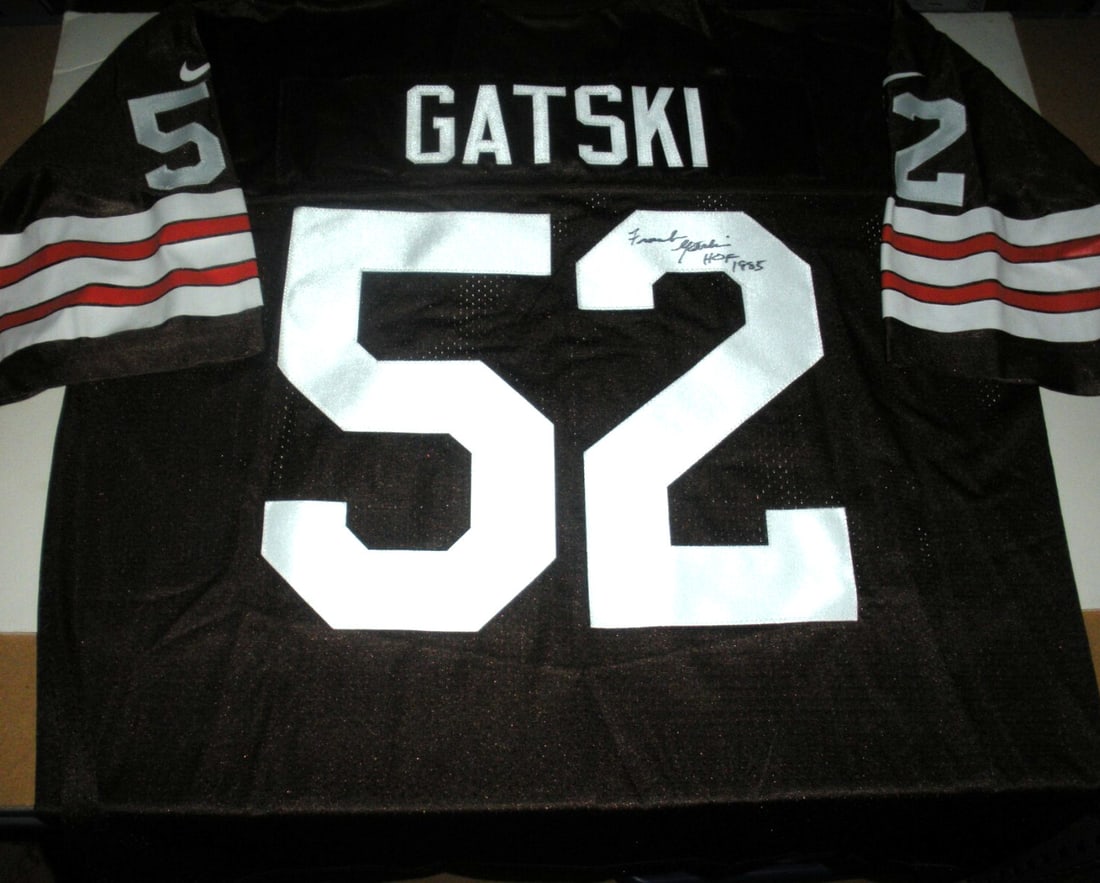 Nike Cleveland Browns Jersey Signed by Frank Gatski with COA: Nike Cleveland Browns Jersey Signed by Frank Gatski with COA This official licensed Nike jersey is signed by Frank Gatski of the Cleveland Browns. The jersey is an original item and comes with a certi