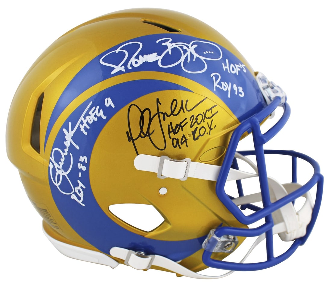 Full Size Rams Helmet Signed by Bettis Dickerson Faulk Beckett Authenticated: Full Size Rams Helmet Signed by Bettis Dickerson Faulk Beckett Authenticated This Los Angeles Rams full-size Riddell Speed Proline helmet features the Alternate Flash design and has been personally si