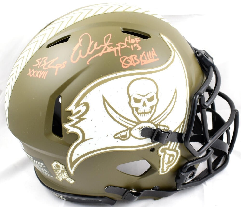 Beckett authenticated Warren Sapp Buccaneers salute to service speed helmet: Beckett authenticated Warren Sapp Buccaneers salute to service speed helmet This is a Tampa Bay Buccaneers full-size Salute to Service Speed Authentic helmet signed by Warren Sapp. The helmet features