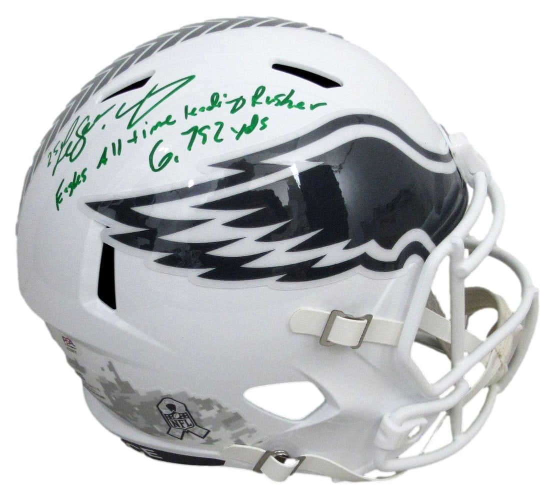 Philadelphia Eagles Full Size Replica Helmet Signed by LeSean McCoy JSA Authenticated: Philadelphia Eagles Full Size Replica Helmet Signed by LeSean McCoy JSA Authenticated This is a Philadelphia Eagles Salute To Service full size replica helmet, personally signed and inscribed by LeSea