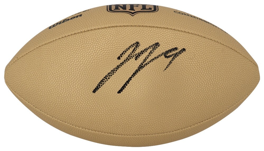 J.J. McCarthy Signed Wilson Duke Gold NFL Football with Beckett COA: J.J. McCarthy Signed Wilson Duke Gold NFL Football with Beckett COA This is a J.J. McCarthy signed Wilson Duke gold metallic NFL full-size replica football, perfect for any football enthusiast or coll