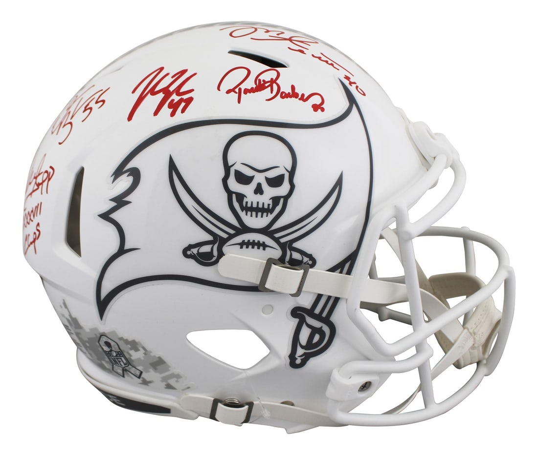 Tampa Bay Buccaneers Signed Salute To Service Helmet by Lynch Barber Alstott Brooks Sapp BAS: Tampa Bay Buccaneers Signed Salute To Service Helmet by Lynch Barber Alstott Brooks Sapp BAS This authentic full-size Speed Proline helmet commemorates the Tampa Bay Buccaneers' legendary players, fea