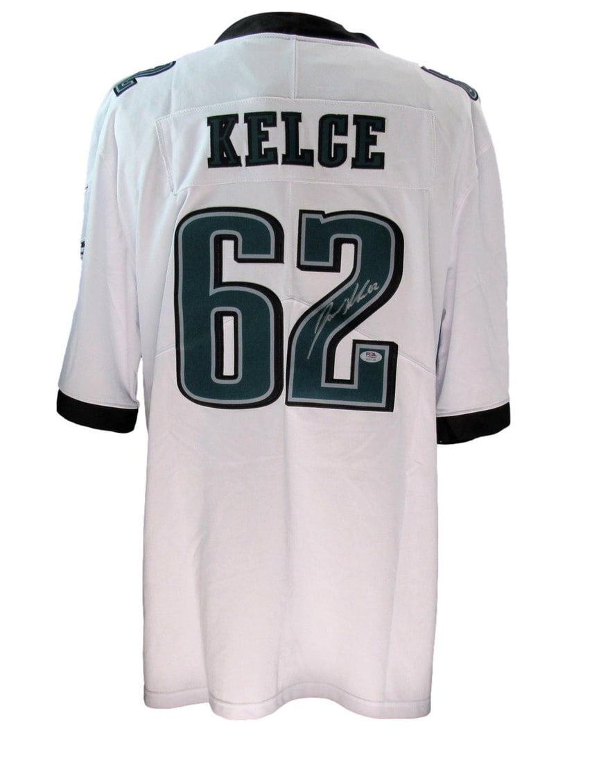 PSA DNA autographed Jason Kelce Eagles Nike jersey XL: PSA DNA autographed Jason Kelce Eagles Nike jersey XL This is a pre-owned white Nike football jersey, size XL, featuring the authentic autograph of Jason Kelce of the Philadelphia Eagles. The jersey h