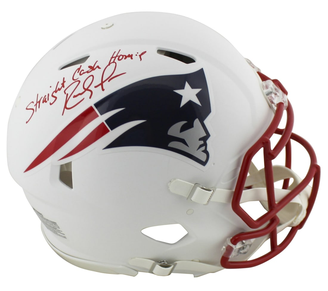 Randy Moss Patriots signed Riddell Proline Speed helmet BAS Witness: Randy Moss Patriots signed Riddell Proline Speed helmet BAS Witness This is an autographed Riddell Authentic Proline full-size Speed helmet in an alternate flat white finish, personally signed by Rand