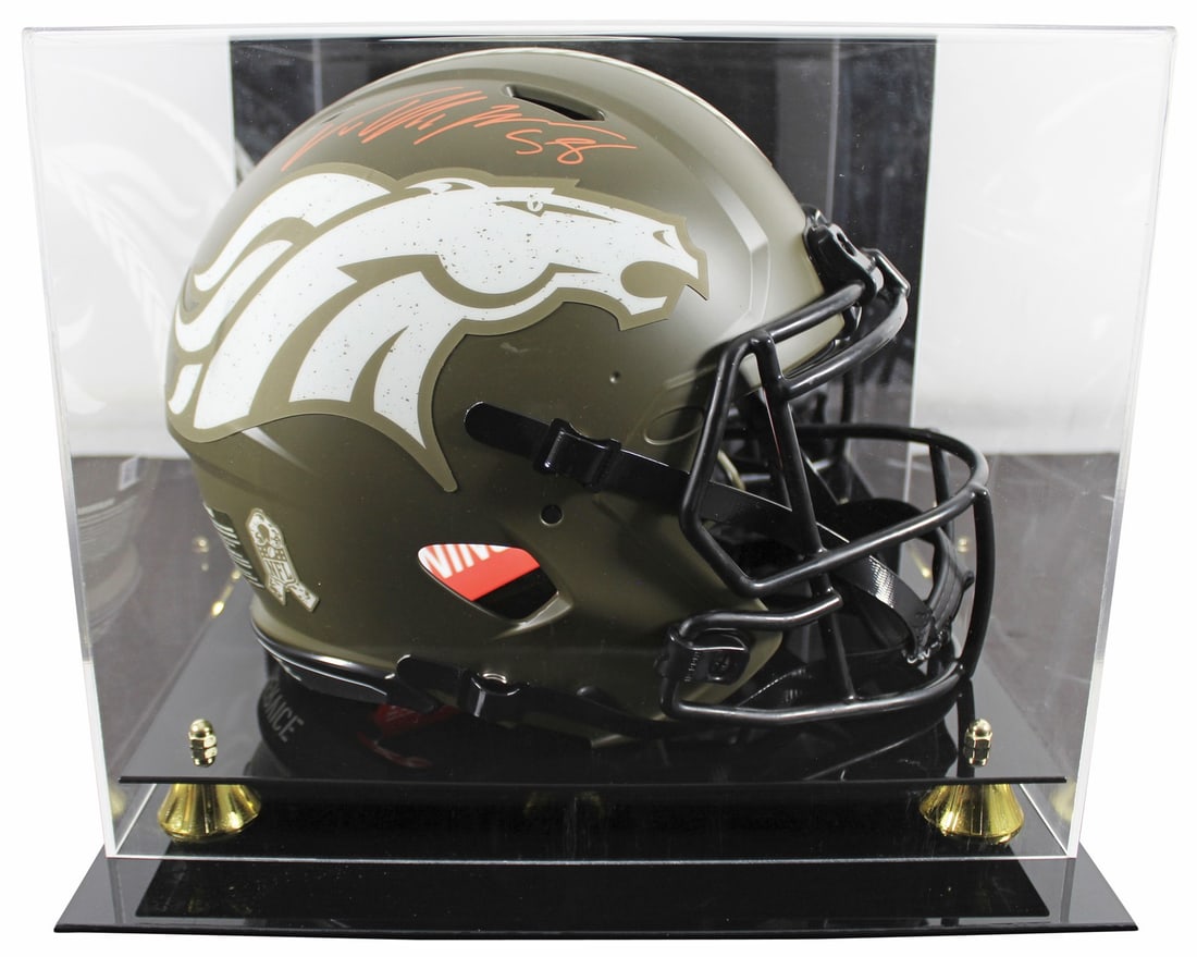 Von Miller signed Broncos Salute To Service helmet with acrylic case BAS witnessed: Von Miller signed Broncos Salute To Service helmet with acrylic case BAS witnessed This is an original Denver Broncos alternate Salute To Service full size Speed Proline helmet, personally autographed
