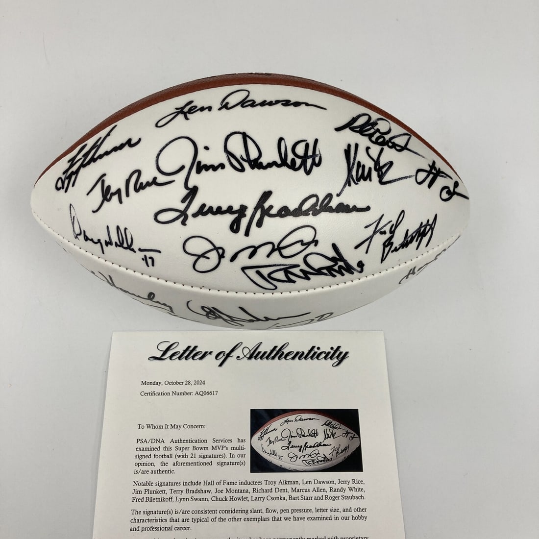Super Bowl MVP Signed Football 21 Autographs PSA DNA Authenticated: Super Bowl MVP Signed Football 21 Autographs PSA DNA Authenticated This exceptional Wilson Official NFL commemorative football has been signed by twenty-one legendary Super Bowl MVPs, showcasing an im