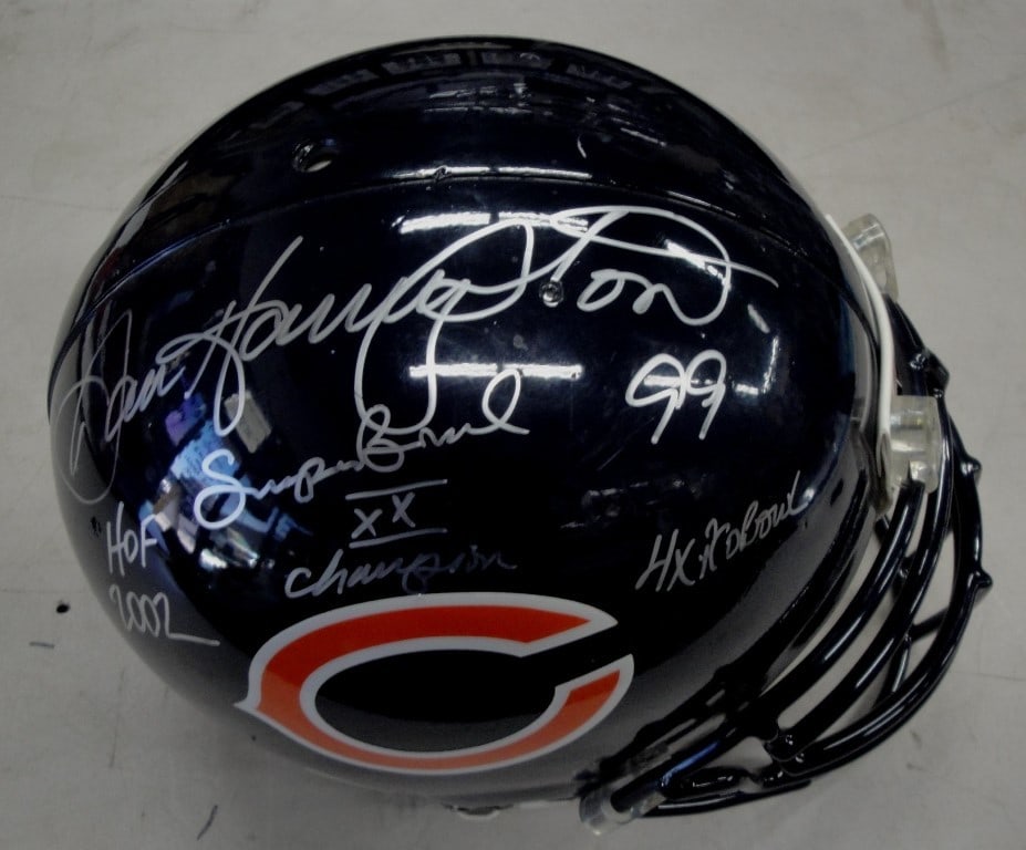 Chicago Bears full size helmet signed by Dan Hampton JSA: Chicago Bears full size helmet signed by Dan Hampton JSA This is a full size authentic football helmet hand signed by Dan Hampton, featuring his Hall of Fame statistics. The helmet represents the Chic