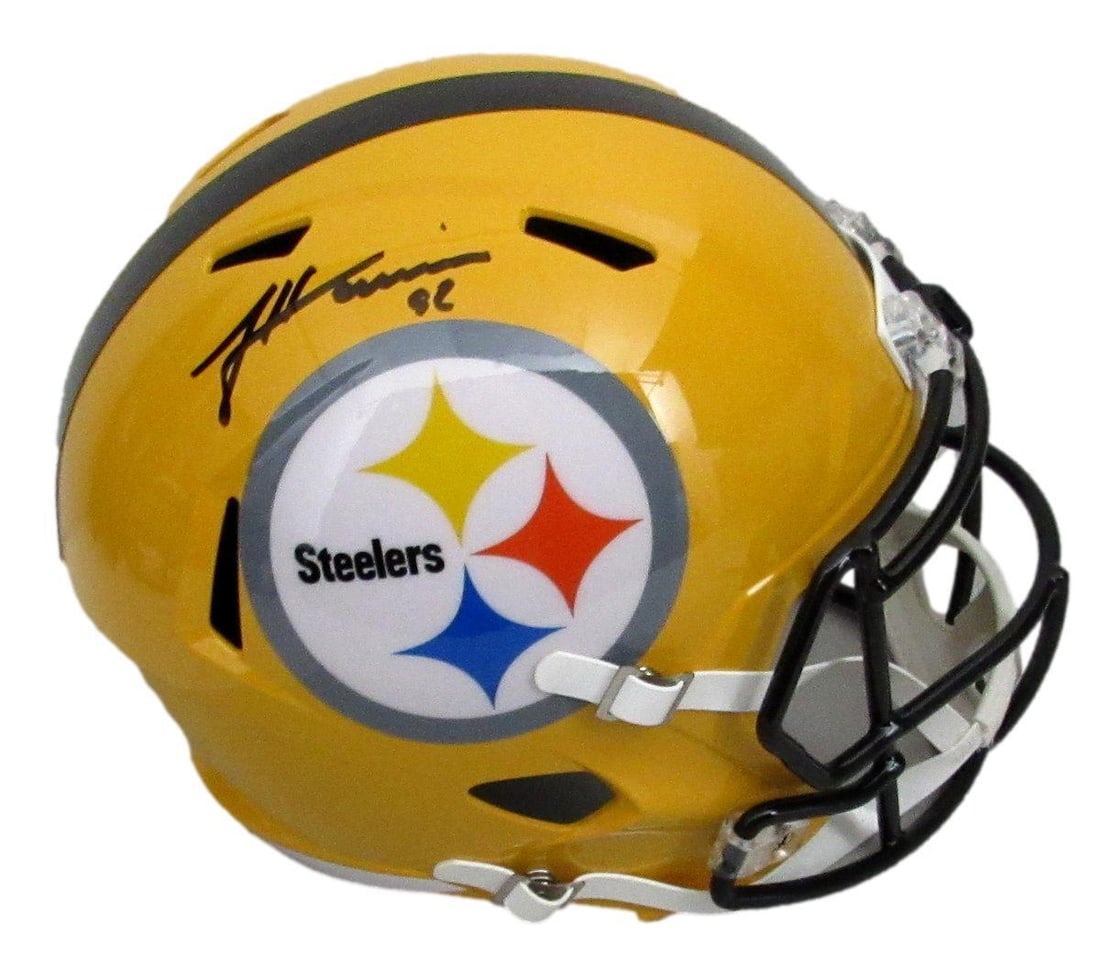 James Harrison Signed Full Size Throwback Helmet Steelers Beckett Authenticated: James Harrison Signed Full Size Throwback Helmet Steelers Beckett Authenticated This is a James Harrison signed full-size throwback replica football helmet of the Pittsburgh Steelers. The helmet featu