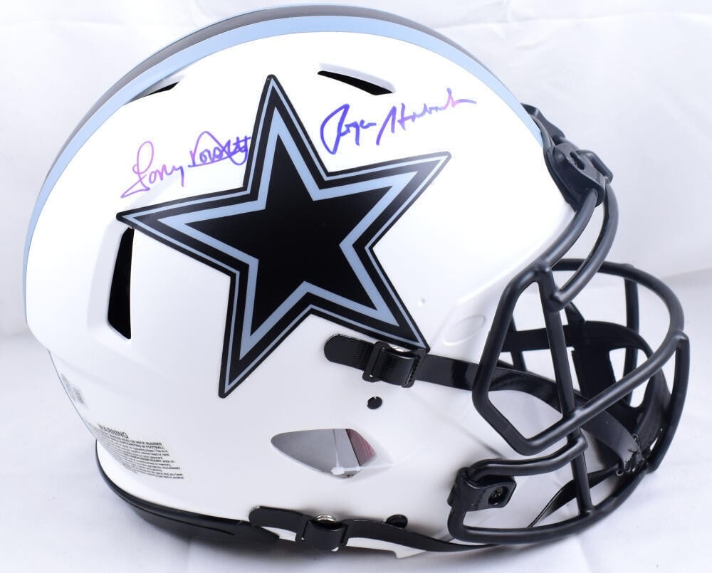 Dallas Cowboys Lunar Speed Helmet Signed by Staubach and Dorsett Beckett: Dallas Cowboys Lunar Speed Helmet Signed by Staubach and Dorsett Beckett This Dallas Cowboys full-size Lunar Speed authentic helmet features the signatures of Roger Staubach and Tony Dorsett. The auto
