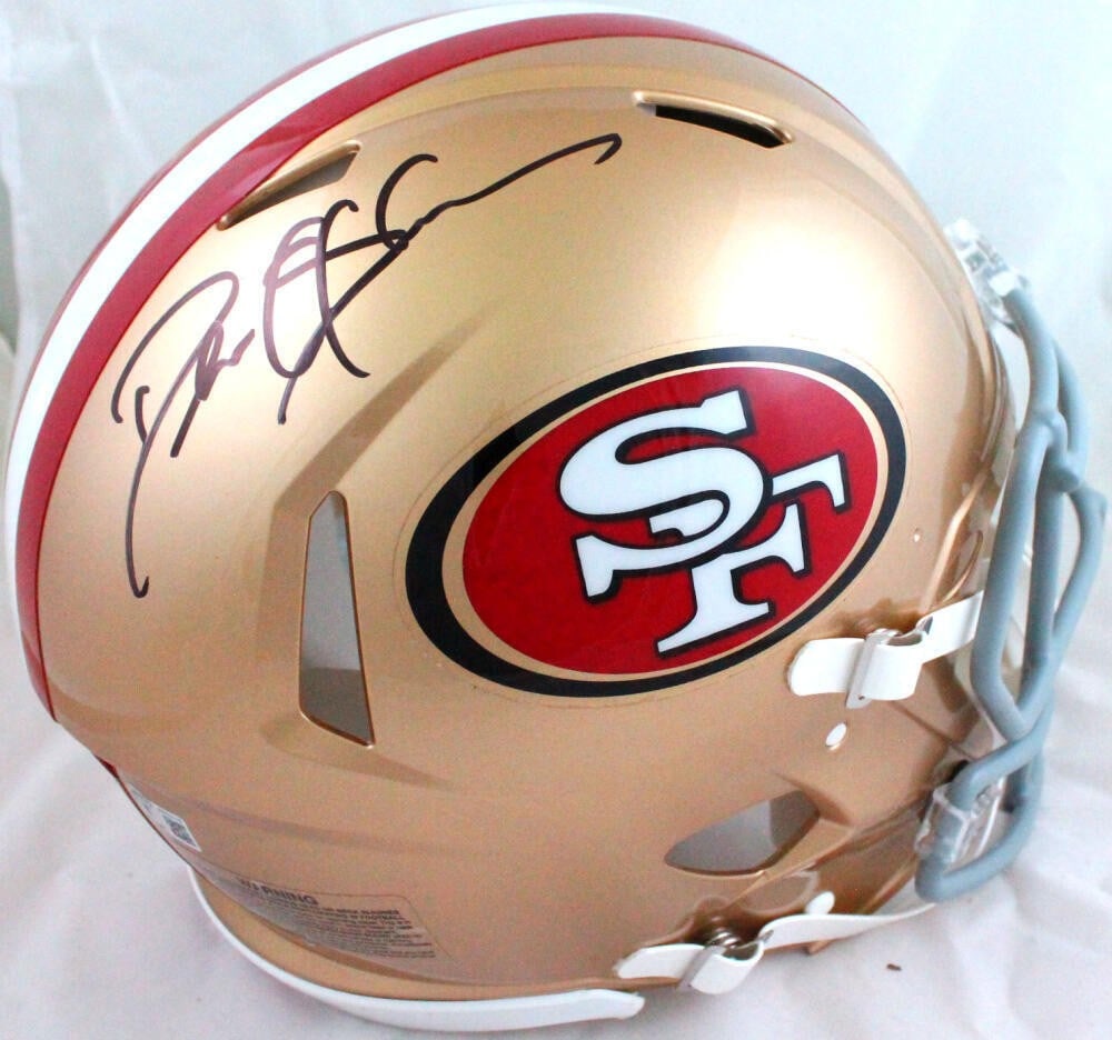 San Francisco 49ers Deion Sanders signed full size speed helmet Beckett: San Francisco 49ers Deion Sanders signed full size speed helmet Beckett This is a San Francisco 49ers full-size Speed Authentic helmet signed by Deion Sanders. The autograph is authenticated by Becket