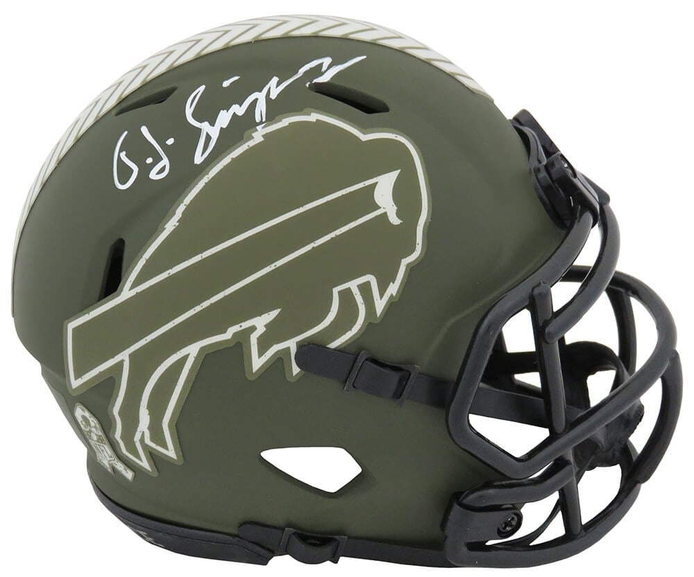 O.J. Simpson Signed Buffalo Bills Riddell Mini Helmet with COA: O.J. Simpson Signed Buffalo Bills Riddell Mini Helmet with COA This O.J. Simpson signed Buffalo Bills Salute to Service Riddell Speed mini helmet is a must-have for any football memorabilia collector.