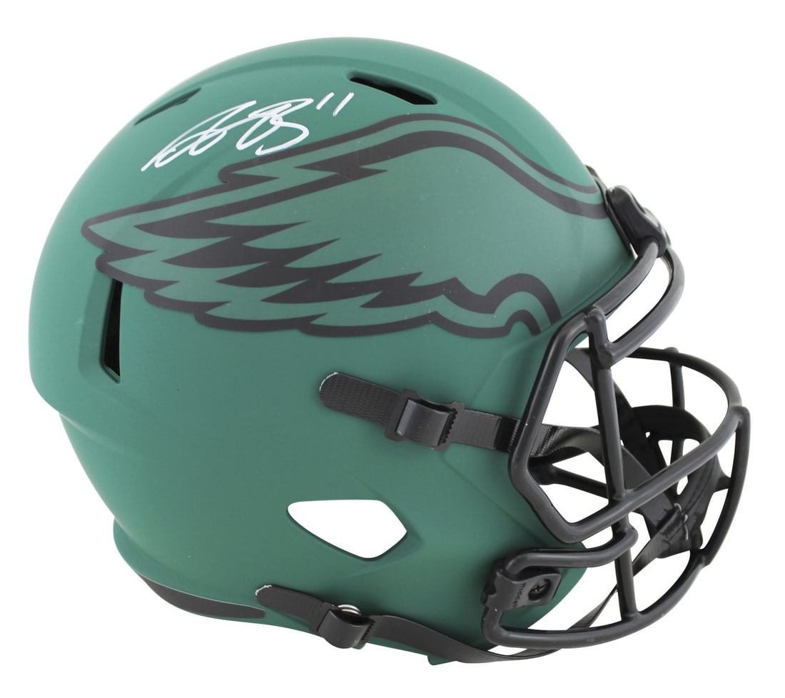 A.J. Brown Signed Philadelphia Eagles Rave Full Size Helmet BAS Witnessed: A.J. Brown Signed Philadelphia Eagles Rave Full Size Helmet BAS Witnessed This full-size Speed Rep helmet is an authentic piece personally signed by A.J. Brown, wide receiver for the Philadelphia Eagl