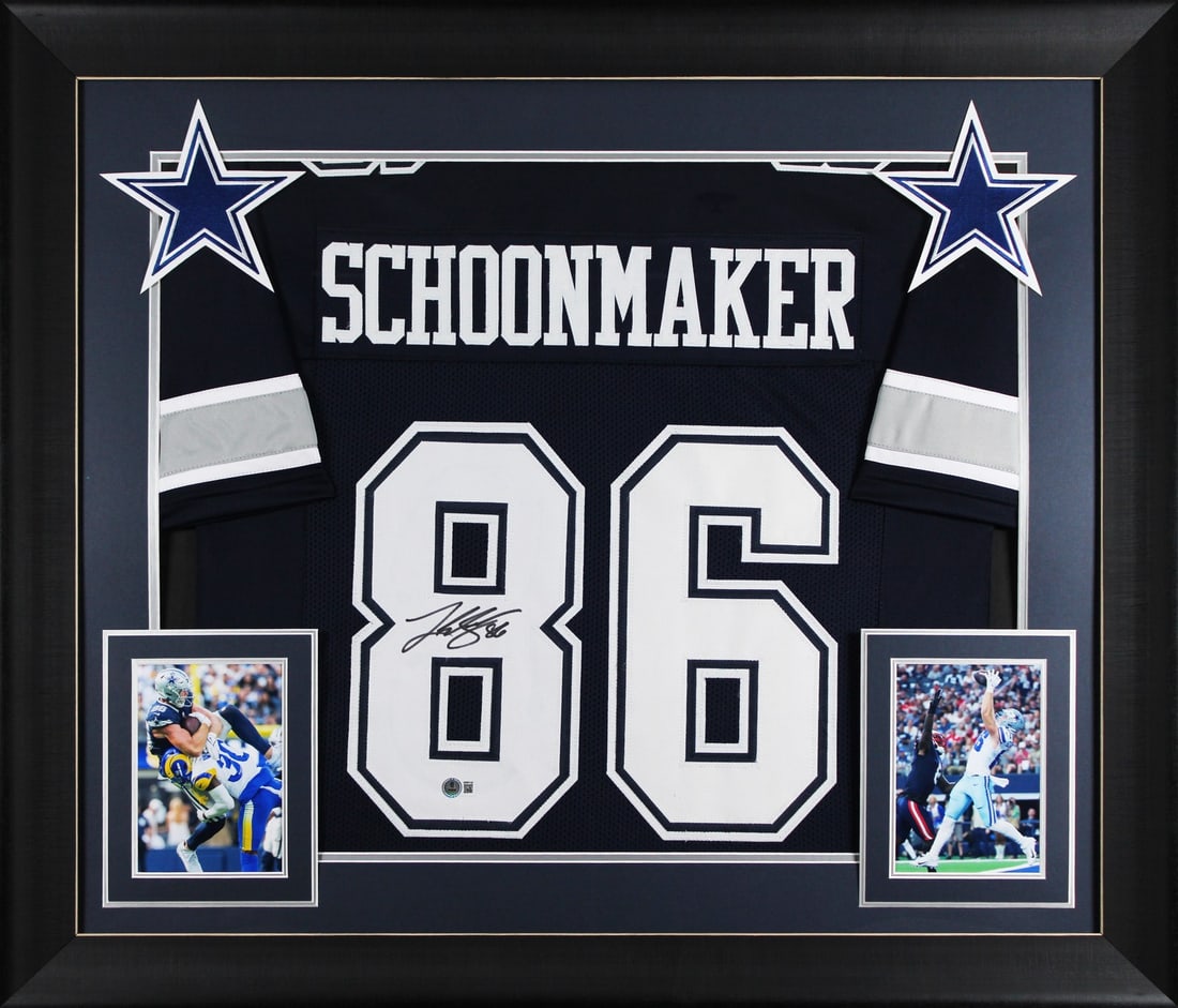 Framed Dallas Cowboys Luke Schoonmaker signed navy pro style jersey BAS witnessed: Framed Dallas Cowboys Luke Schoonmaker signed navy pro style jersey BAS witnessed This professionally framed navy pro style jersey features the authentic signature of Luke Schoonmaker from the Dallas 