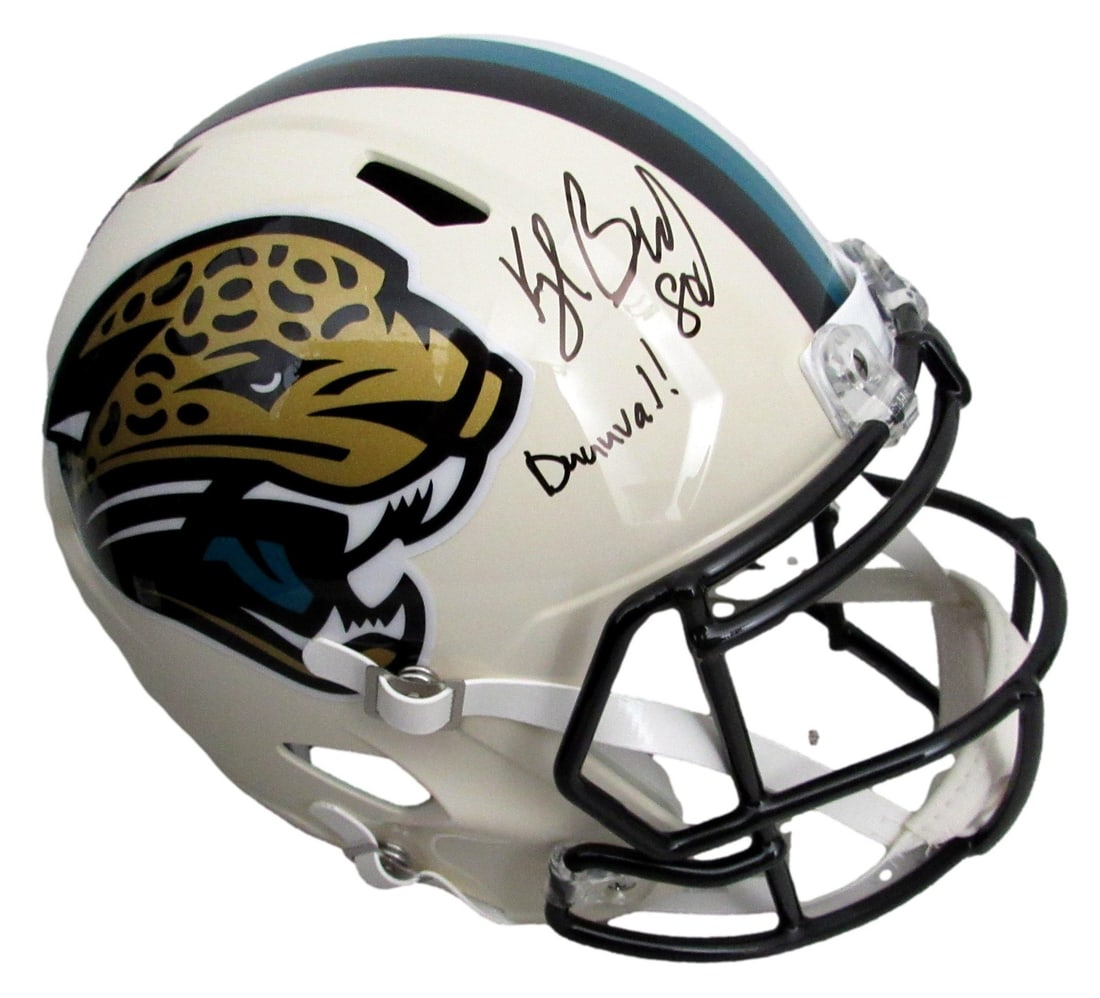 Kyle Brady Autographed Jaguars Cream Retro Full-Size Replica Helmet JSA Witness: Kyle Brady Autographed Jaguars Cream Retro Full-Size Replica Helmet JSA Witness This is a full-size retro replica football helmet for the Jacksonville Jaguars, signed and inscribed "Duuuval!" by Kyle 