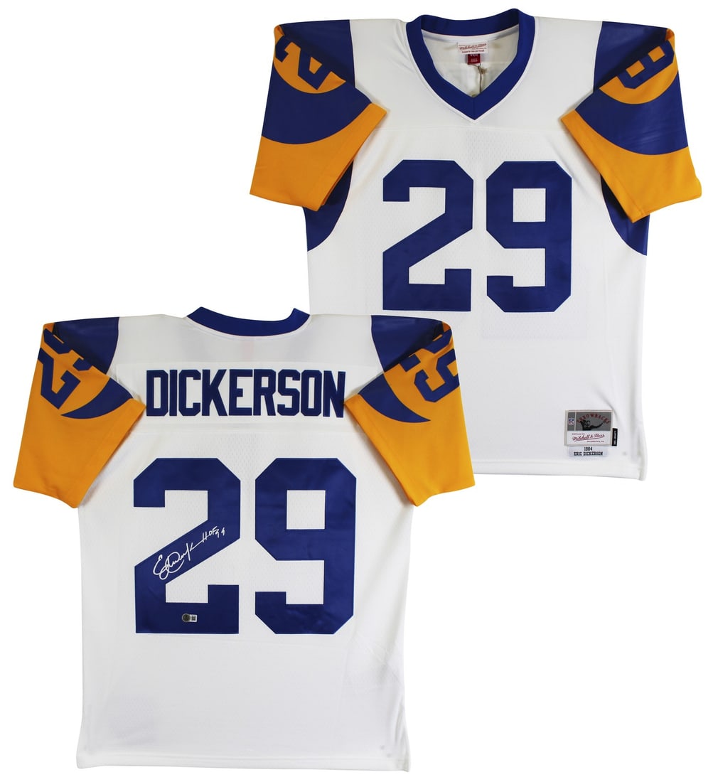 Eric Dickerson Signed White Rams Jersey BAS Witnessed HOF 99 Inscription: Eric Dickerson Signed White Rams Jersey BAS Witnessed HOF 99 Inscription This white Mitchell & Ness jersey is personally signed by Eric Dickerson of the Los Angeles Rams, featuring the inscription "HO