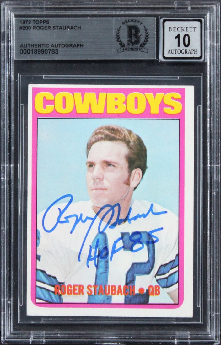 Roger Staubach Signed 1972 Topps Football Card Auto 10 Beckett Slab Dallas Cowboys: Roger Staubach Signed 1972 Topps Football Card Auto 10 Beckett Slab Dallas Cowboys This is a 1972 Topps #200 football card personally signed by Roger Staubach of the Dallas Cowboys, featuring the insc