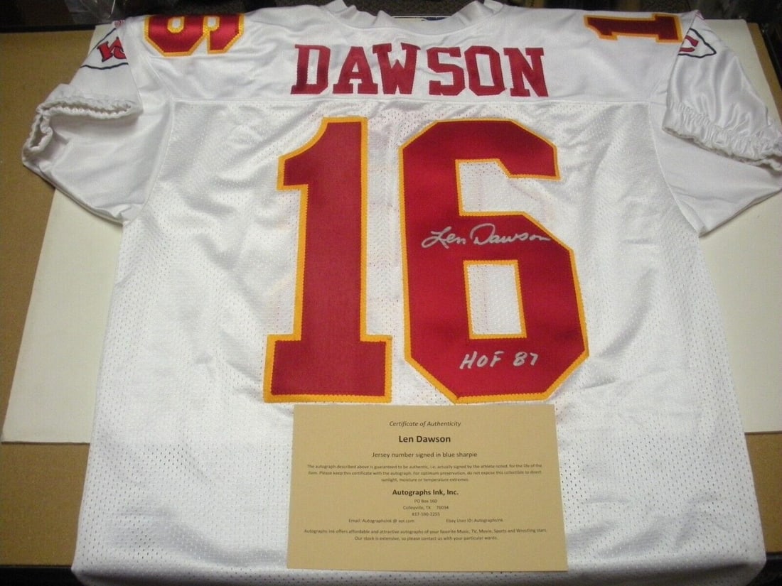 Len Dawson Signed Kansas City Chiefs Jersey with COA: Len Dawson Signed Kansas City Chiefs Jersey with COA This official licensed Reebok jersey is a must-have for any Kansas City Chiefs fan or football memorabilia collector. It is autographed by Len Daws