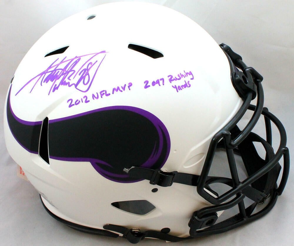 Minnesota Vikings Lunar Speed Helmet Signed by Adrian Peterson Beckett Authentic: Minnesota Vikings Lunar Speed Helmet Signed by Adrian Peterson Beckett Authentic This is an authentic Minnesota Vikings Lunar Speed full-size helmet signed by Adrian Peterson. The helmet features two 