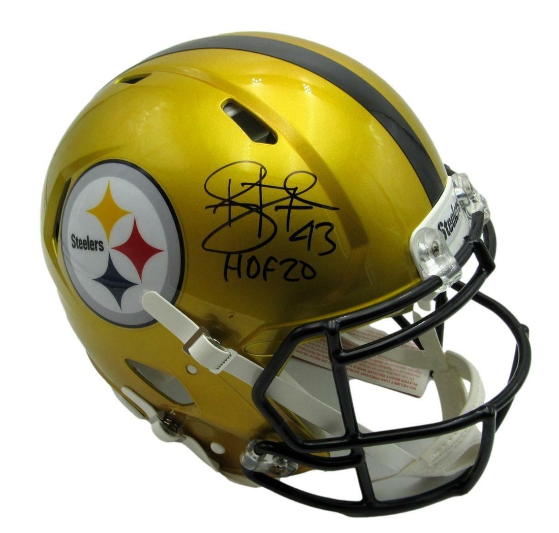 Troy Polamalu Signed Steelers Blaze Helmet HOF 20 Beckett Authenticated: Troy Polamalu Signed Steelers Blaze Helmet HOF 20 Beckett Authenticated This authentic full-size Blaze replica football helmet features the signature of Troy Polamalu, inscribed with "HOF 20." It is a