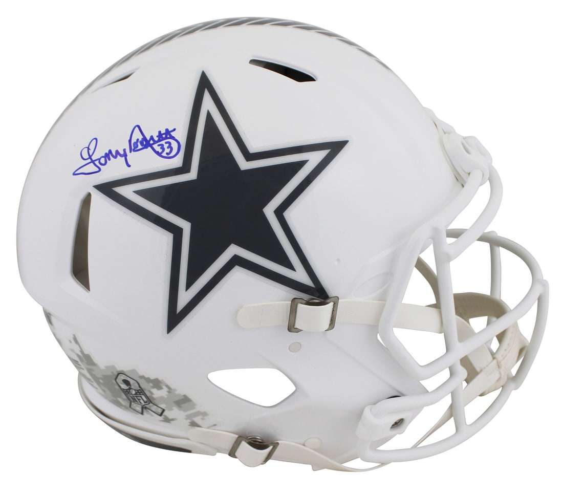 Tony Dorsett Autographed Dallas Cowboys Salute To Service III Helmet BAS Authenticated: Tony Dorsett Autographed Dallas Cowboys Salute To Service III Helmet BAS Authenticated This authentic full-size Speed Proline helmet commemorates the Dallas Cowboys and features the signature of legen