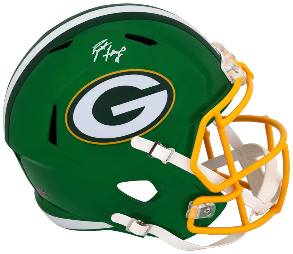Brett Favre Autographed Packers Riddell Flash Speed Replica Helmet COA: Brett Favre Autographed Packers Riddell Flash Speed Replica Helmet COA This Green Bay Packers Flash Riddell full-size speed replica helmet features the authentic signature of Brett Favre. The helmet i
